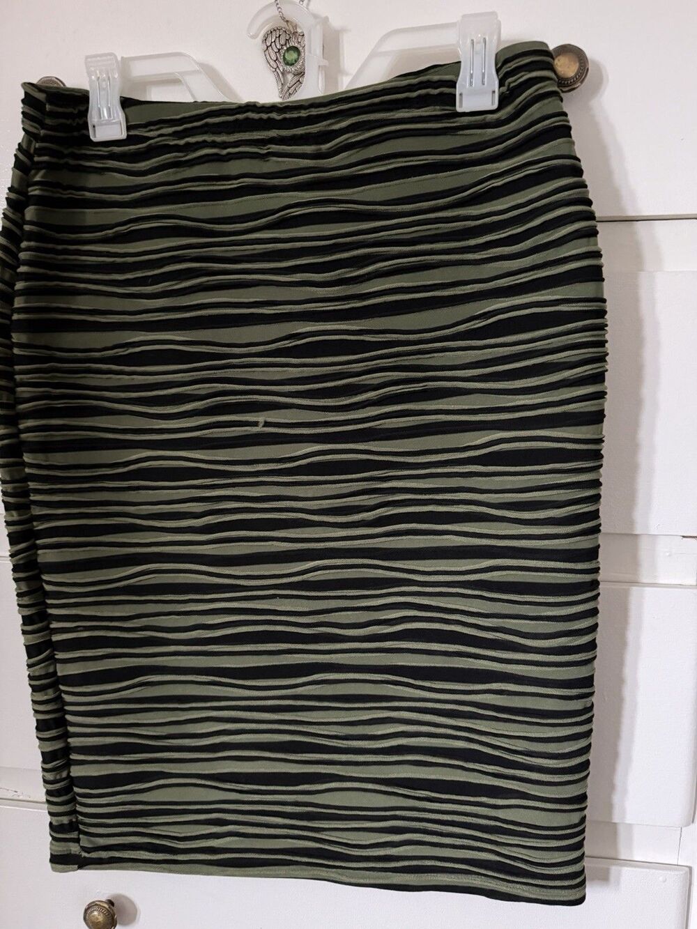Ashley Blu Green Black Striped Knit Pencil Skirt Stretch Size L